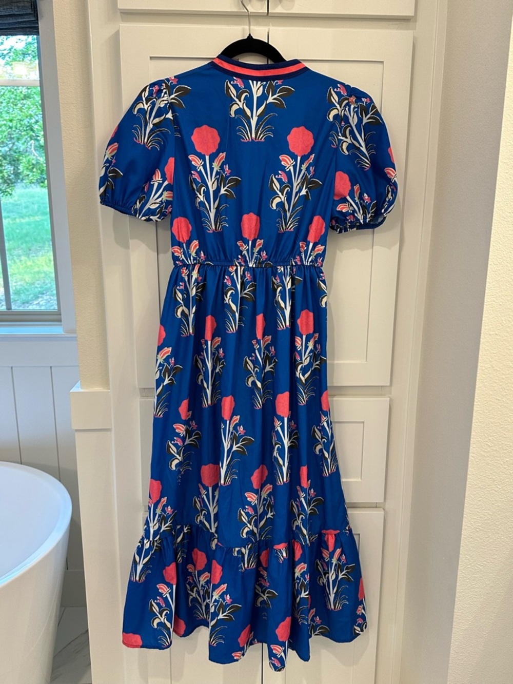 Blue Floral Midi Dress with Coral Blooms